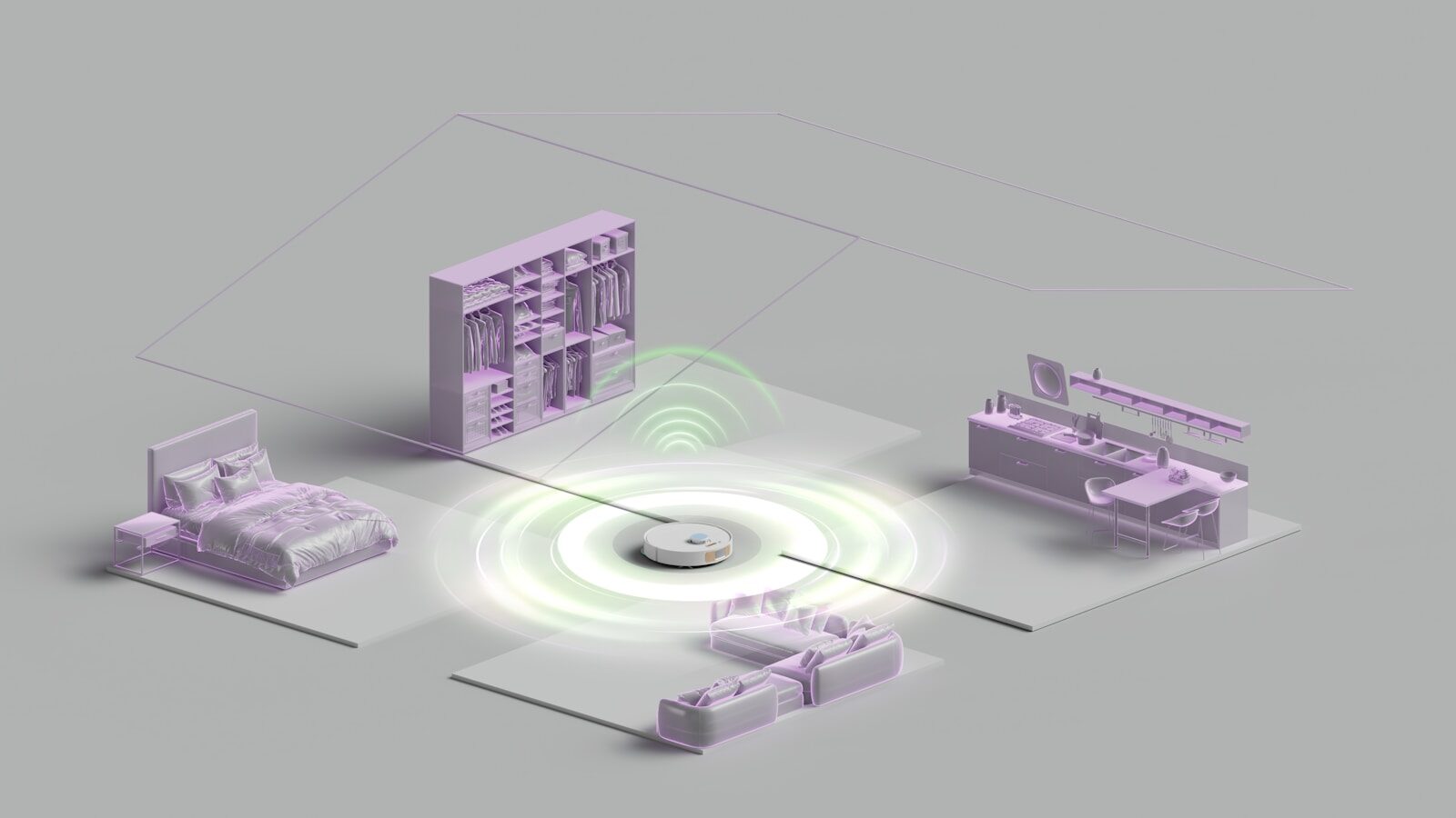 Smart home devices connected wirelessly to a central hub.