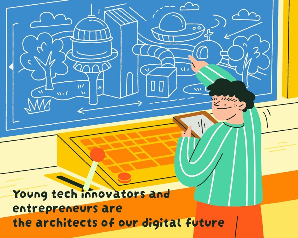 A person standing in front of a blackboard with a drawing on it