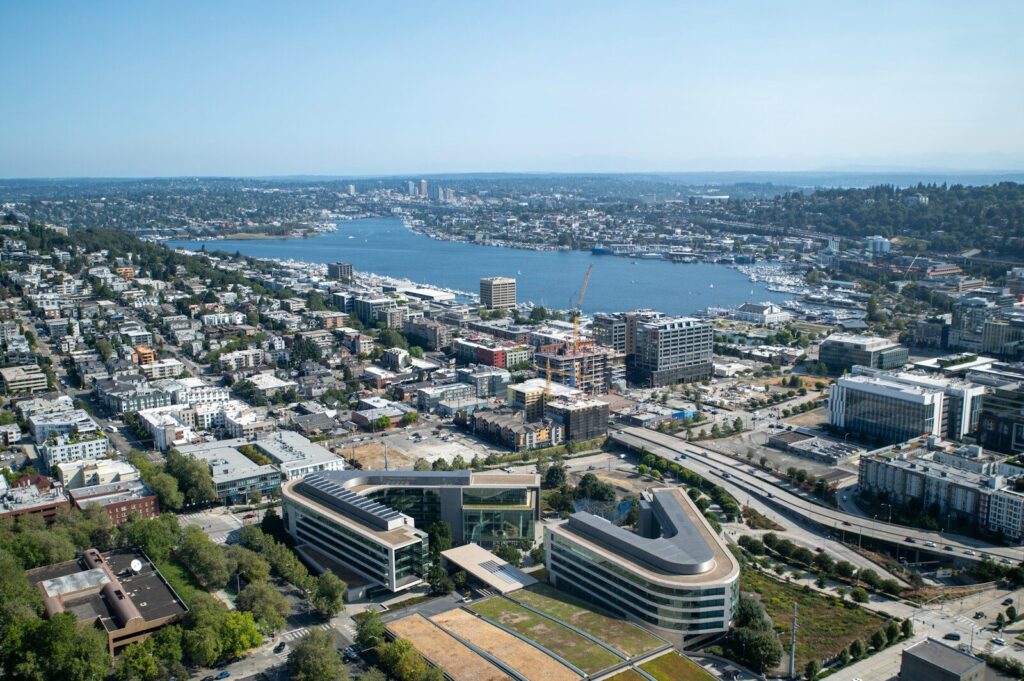 An aerial view of a city with a river running through it