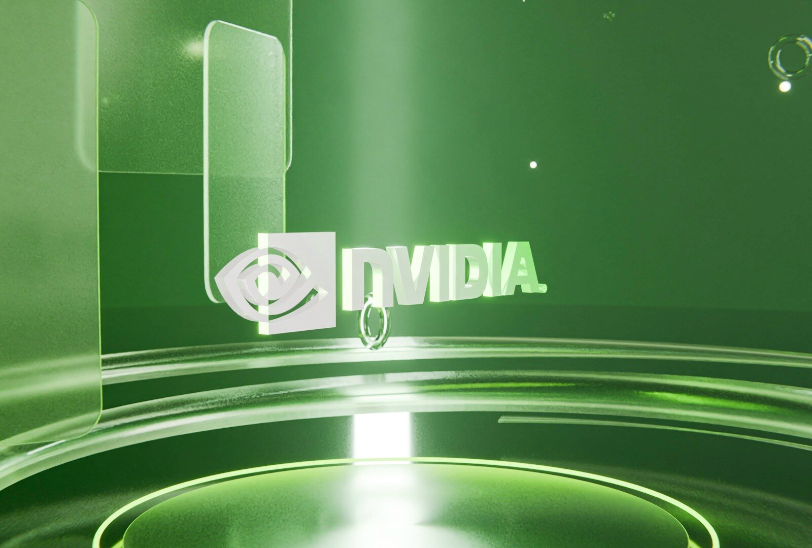 Nvidia logo on a green digital abstract background.