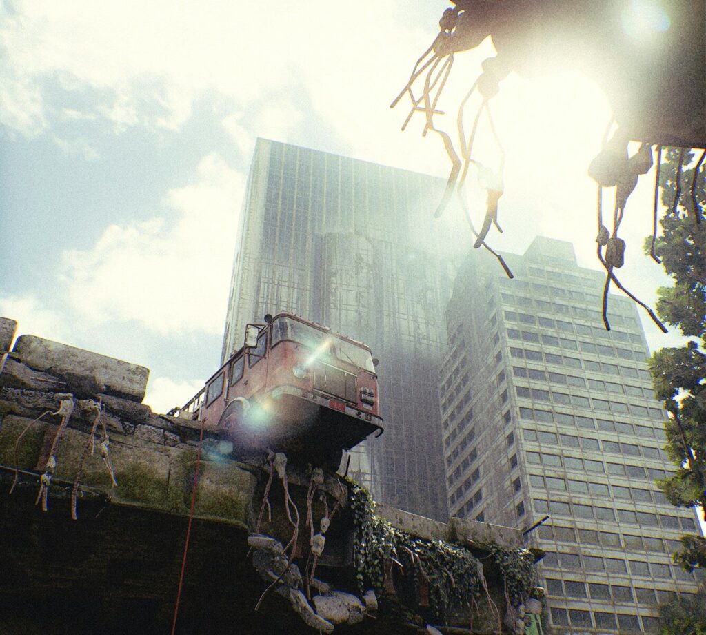 AI Absolutism and the Myth of New Inevitable Future a train on a track in front of a tall building