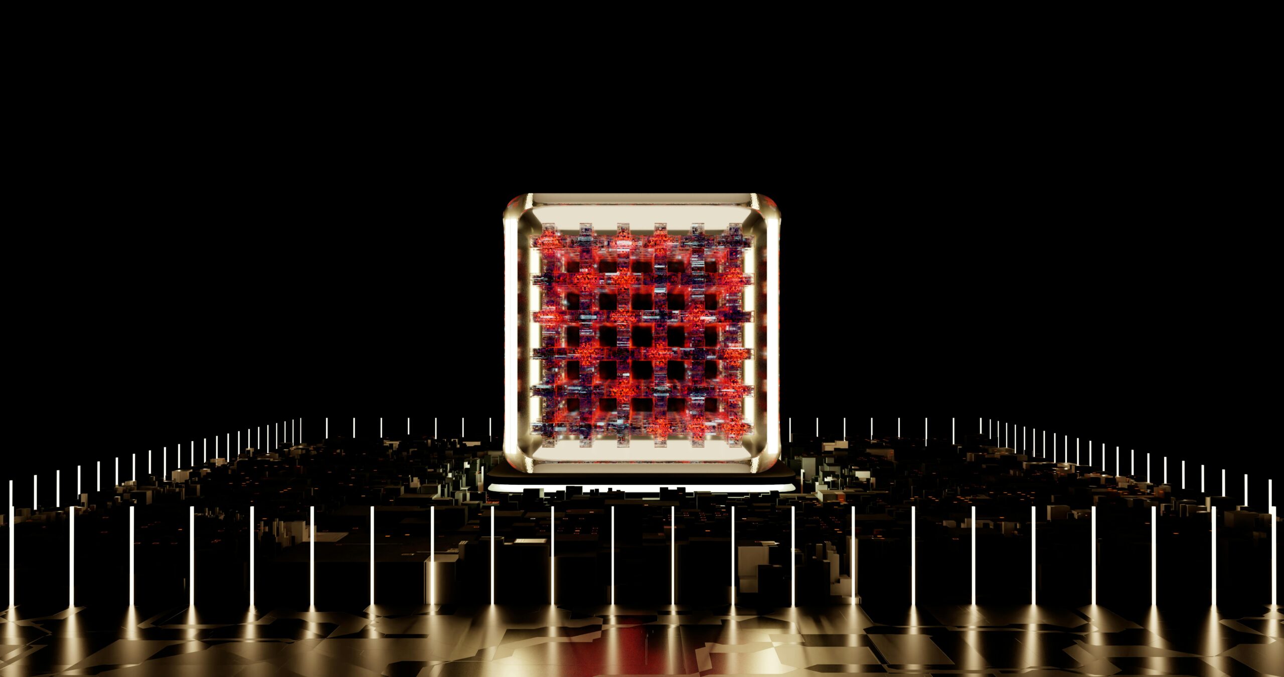 Abstract representation of a futuristic digital processor with glowing elements.