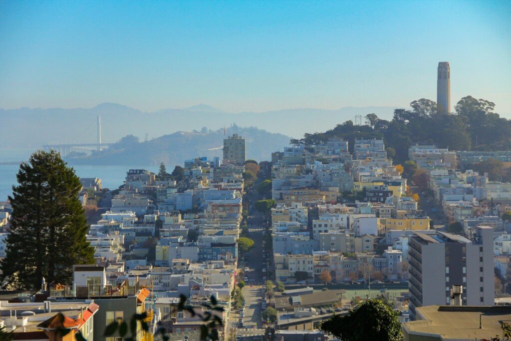 a view of a city with a hill in the background
