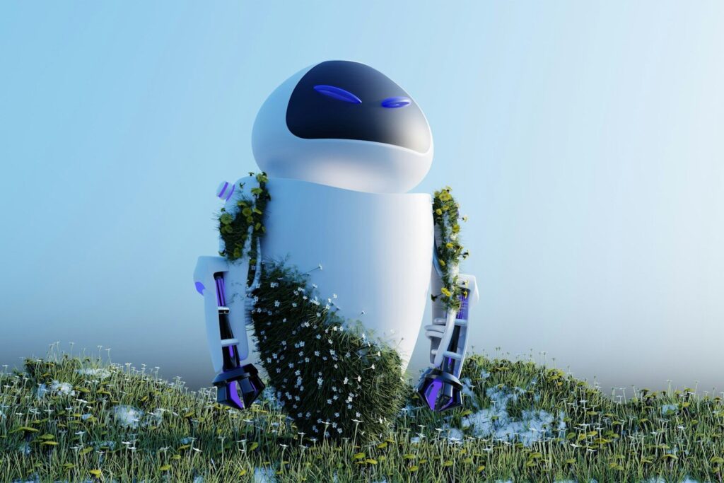 China's Humanoid Robot Revolution Has a New Surprising Problem a robot sitting on top of a lush green field