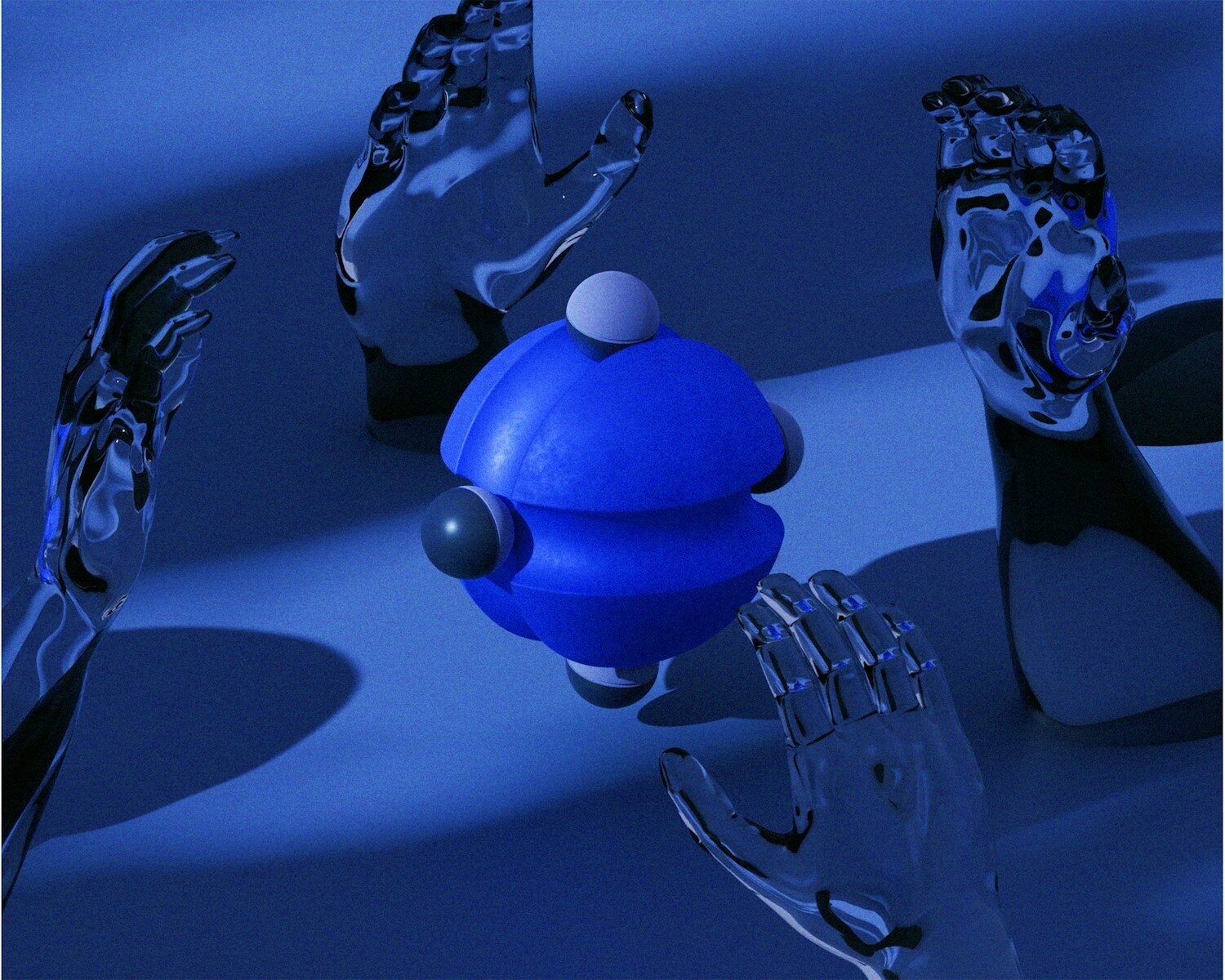 A blue object is surrounded by other objects