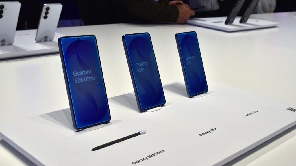 Samsung’s Robotics Push Signals the New Rise of Physical AI Three samsung galaxy smartphones displayed on a white surface.