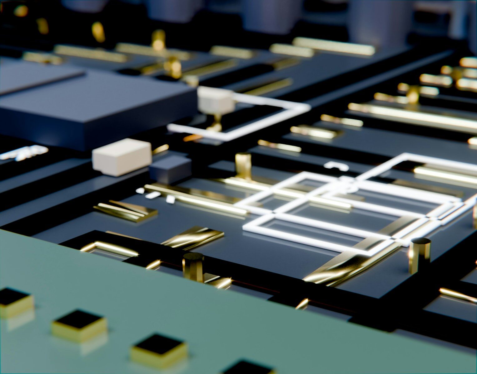 Modern electronic circuit board with gold and dark components.
